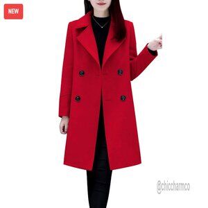 Double Breasted Wool Blend Pea Coat, Knee Length, Notched Collar